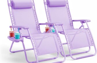 KEPLIN Set of 2 Heavy Duty Zero Gravity Chairs Padded Garden Recliners with Locking System, 160 Recline, Adjustable Pillow, Removable Tray with Cup & Phone Holders, 110kg Capacity (Lilac)