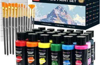 KINSPORY Acrylic Paint Set 24 x 60 ml with 12 Brushes and Palette – Water-Resistant, Assorted Colors for Beginners, Artists, Kids – Multi-Surface Art Supplies for Canvas, Wood, Rocks