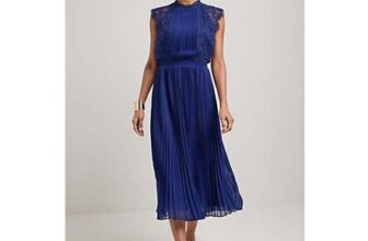 Kaleidoscope Navy Pleated Lace Trim Midi Dress