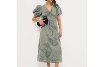 Khaki Floral Puff Sleeve Midi Dress