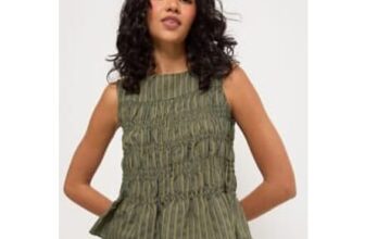 Khaki Striped Shirred Co Ord Top