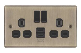 LAP 13A 2-Gang SP Switched Socket 2.4A 12W 2-Outlet Type A USB Charger Antique Brass with Black Inserts – Free C&C