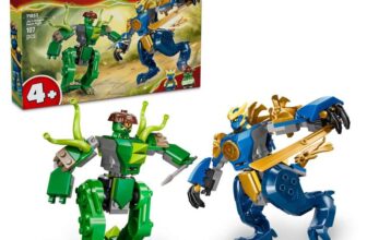 LEGO NINJAGO Jays Dragon Mech Fight – Ninja Toy w/ 2 Action Figures, 2 Minifigures, Katana & Sword – Birthday Gift – 71853
