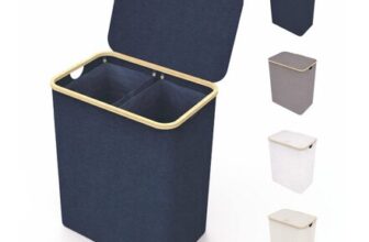 LONBET 150L Double Laundry Basket with Lid, Bamboo Frame Blue