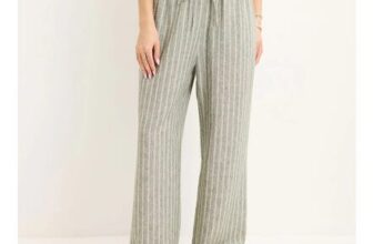 Ladies Khaki Linen-Blend Stripe Trousers