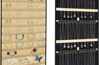 Large Hanging Jewelry Organizer Storage Roll with Hanger Metal 360Hooks Double-Sided Jewelry Holder for Earrings, Necklaces, Rings on Closet, Wall, Door, Wardrobe(Black)