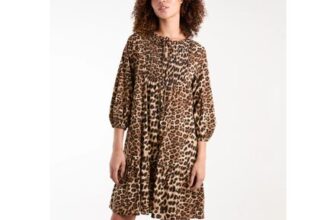 Leopard Print Shirred Front Tie Neck Smock Dress