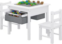Lestarain Kids Table and 2 Chairs Set, with 2 Storage Boxes, Double-Sided Tabletop, Childrens Table and Chairs, Wooden Play Activity Desk Set for Building Blocks, White Grey