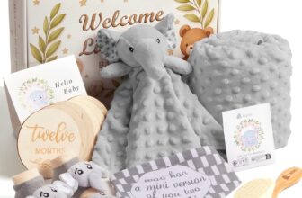 Lictin Baby Gift Set for Boys Girls, 14PCS Baby Shower Gifts, Neutral Newborn Gifts Basket with Baby Blanket, Wooden Monthly Milestone Cards, Elephant Security Blanket (Grey, 14pcs)