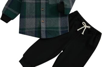 Loalirando Toddler Baby Boys Spring Fall Outfits Flannel Plaid Print Long Sleeve Button Down Shirt Jacket and Elastic Jogger Pants 2 Piece Tracksuit