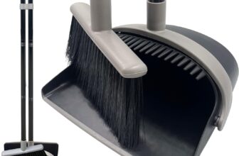 Long Handled Dustpan and Brush Set Broom and Dustpan Set Reduce Bending Tall Lobby Dustpan and Sweeping Brush (Black & Grey)