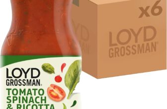 Loyd Grossman Tomato, Spinach & Ricotta Sauce Vegetarian Italian Pasta Sauce With Sun-Ripened Tomatoes, Leafy Spinach & Creamy Ricotta 350 g (Pack of 6)