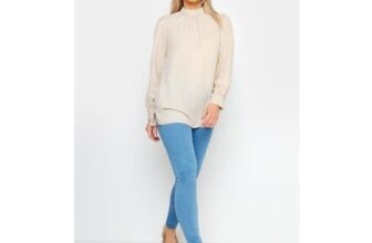 M&Co Beige-Brown Keyhole-Back High-Neck Blouse