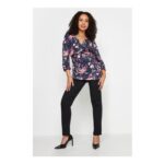 M&Co Petite Navy Blue Floral Twist Front Top