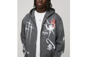 Man Charcoal Oversized Zip through Graffiti Tattoo Printed Hoodie