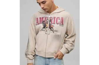 Man Stone Shrunken Fit America Western Distressed Washed Printed Zip