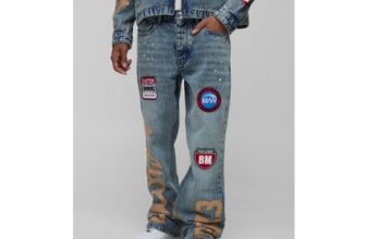 Man Straight Flared Paint Splatter Applique Gusset Jeans