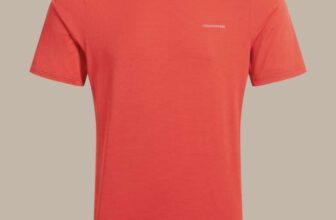 Mens Charon Short Sleeved T-Shirt with sun protection Pimento Red – M or L – with code