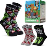 Minecraft Boys Socks 3 Pack or 5 Pack – Cotton-Rich Crew Kids Ankle Socks Everyday School Sports – Gaming Gifts for Boys