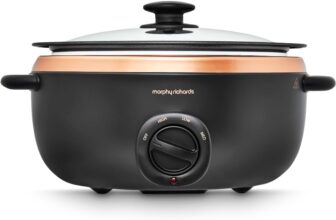 Morphy Richards 6.5L Sear and Stew Slow Cooker, Dishwasher Proof Non Stick Aluminum Pot, Cool Touch Handles, Matte Black and Rose Gold, 461016