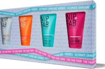 NIPFAB The Fab Four Gift Set, Contains 4 Large Deluxe Sized Products, Glycolic Fix Scrub 20ml, Vitamin C Fix Serum 20ml, Hyaluronic Fix Hybrid Gel Cream Moisturiser, Salicylic Fix Clay Mask 20ml