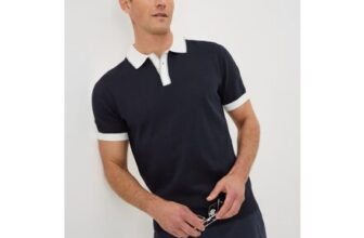 Navy Colour Block Knitted Polo Shirt
