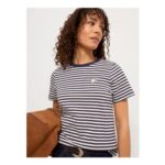 Navy Stripe Flower Embroidered Crew Neck T Shirt