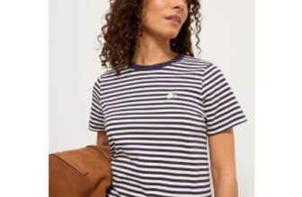 Navy Stripe Flower Embroidered Crew Neck T Shirt