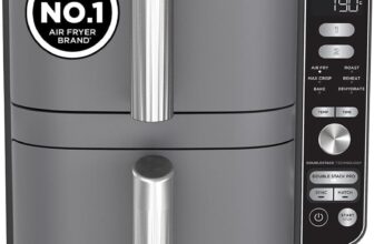 Ninja Double Stack XL Air Fryer, Vertical Dual Drawer AirFryer with 4 cooking levels, 2 Drawers and 2 Racks, Space Saving Design, 9.5L Capacity, 6 Cooking Functions, 8 Portions, Grey, SL400UK