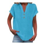 Nuoke Women Linen V-Neck Button Short Sleeve Top Sky Blue