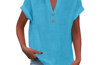 Nuoke Women Linen V-Neck Button Short Sleeve Top Sky Blue