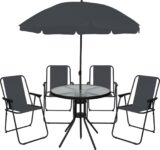 OHS 6 Piece Garden Furniture, Outdoor Table and Chairs with Matching Parasol 4 Folding Dining Chairs Round Tempered Glass Table Poolside Balcony Patio Furniture Set, Grey