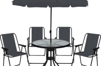 OHS 6 Piece Garden Furniture, Outdoor Table and Chairs with Matching Parasol 4 Folding Dining Chairs Round Tempered Glass Table Poolside Balcony Patio Furniture Set, Grey