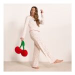 OHS Cherry Print Lettuce-Edge Pyjama Set White
