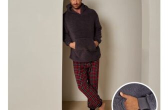 OHS Mens Teddy Hoodie Check Pyjama Set – Burgundy