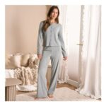 OHS Ribbed Lettuce Edge Loungewear Set Grey