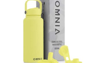 OMNIA Vacuum Insulated Stainless Steel Water Bottle, 2 Lids (Straw & Spout) Leakproof, BPA-Free, Reusable (Mellow Yellow, 1000ML)