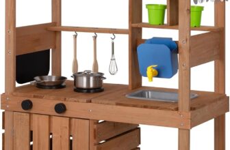 OOOK Mud Kitchen for Kids Outdoor, Kids Kitchen Playset with Canopy, Gardening Tools, Chalkboard, Flower Pot, Cookingware, Removable Water Tank, for Boys and Girls 3, Solid Fir Wood