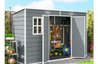 OUTSUNNY Grey 10×4 Plastic Garden Shed with Floor, Lockable Doors