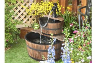 OUTSUNNY Natural Wooden Water Pump Fountain, 2-Tier Cascading Barrel Deck