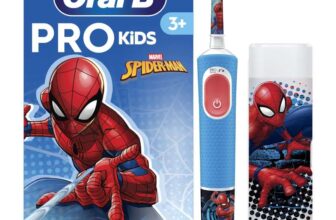 Oral-B Pro Kids Electric Toothbrush, 1 Toothbrush Head, x4 Spiderman Stickers, 1 Travel Case, 2 Modes with Kid-Friendly Sensitive Mode