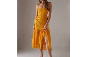 Orange Warehouse Lace Strappy Drop Waist Ruffle Midi Dress