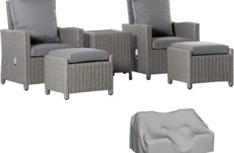 Outsunny 5 Pieces Outdoor PE Rattan Garden Furniture with Cushions, Patio Lounge Adjustable Backrest Chairs, Footstools and Cooler Bar Coffee Table & Cover, Grey