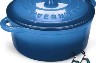 Overmont 26cm/5.2L Enamelled Cast Iron Round Casserole Dish with Lid,5.5QT, Cookbook -Non-Stick Dutch Oven for Braising – blue