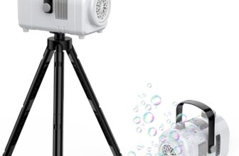PHNIXGAM Bubble Machine Large Capacity, Automatic Kids Bubble Blower with 10 Holes 2 Speeds 17oz Capacity, Rechargeable Portable Bubble Toy with Tripod for Indoor, Outdoor, Birthday, Parties (White)