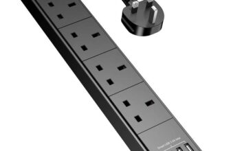 POWSAF Extension Lead with 4 USB Slots (3.4A, 1C and 3A Ports), Power Strip Extension cord with 4 way plug extension Socket and 2M