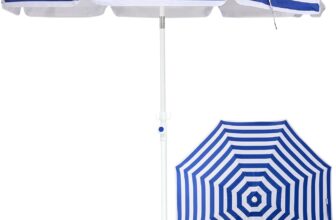 Palawano 1.6m Beach Umbrella with Sand Anchor, UPF50 UV Protection Garden Parasol, Portable Tilt Sun Umbrella for Beach, Garden, Patio & Camping, Blue White Stripe