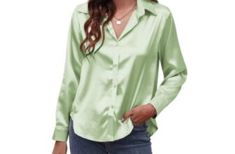 Panegy Satin Long Sleeve V-Neck Blouse, Green