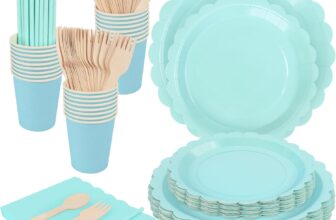 Party Tableware Set, 175PCS Party Tableware Dinnerware Decorations, Paper Plates Cups and Napkins, Straw, Wooden Cutlery, Blue