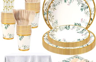 Party Tableware Set, 176PCS Party Tableware Dinnerware Decorations, Paper Plates Cups and Napkins, Straw, Wooden Cutlery, Tablecloth